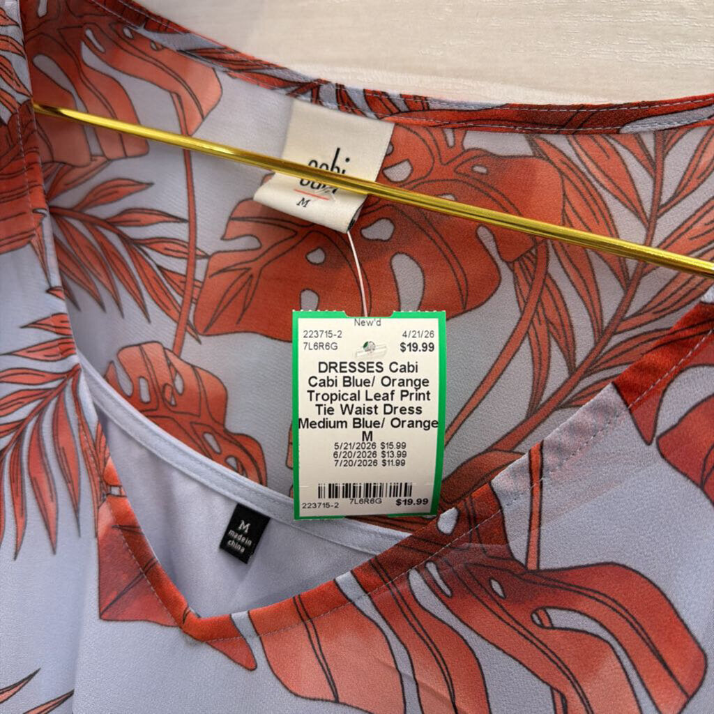 Cabi Blue/ Orange Tropical Leaf Print Tie Waist Dress Medium