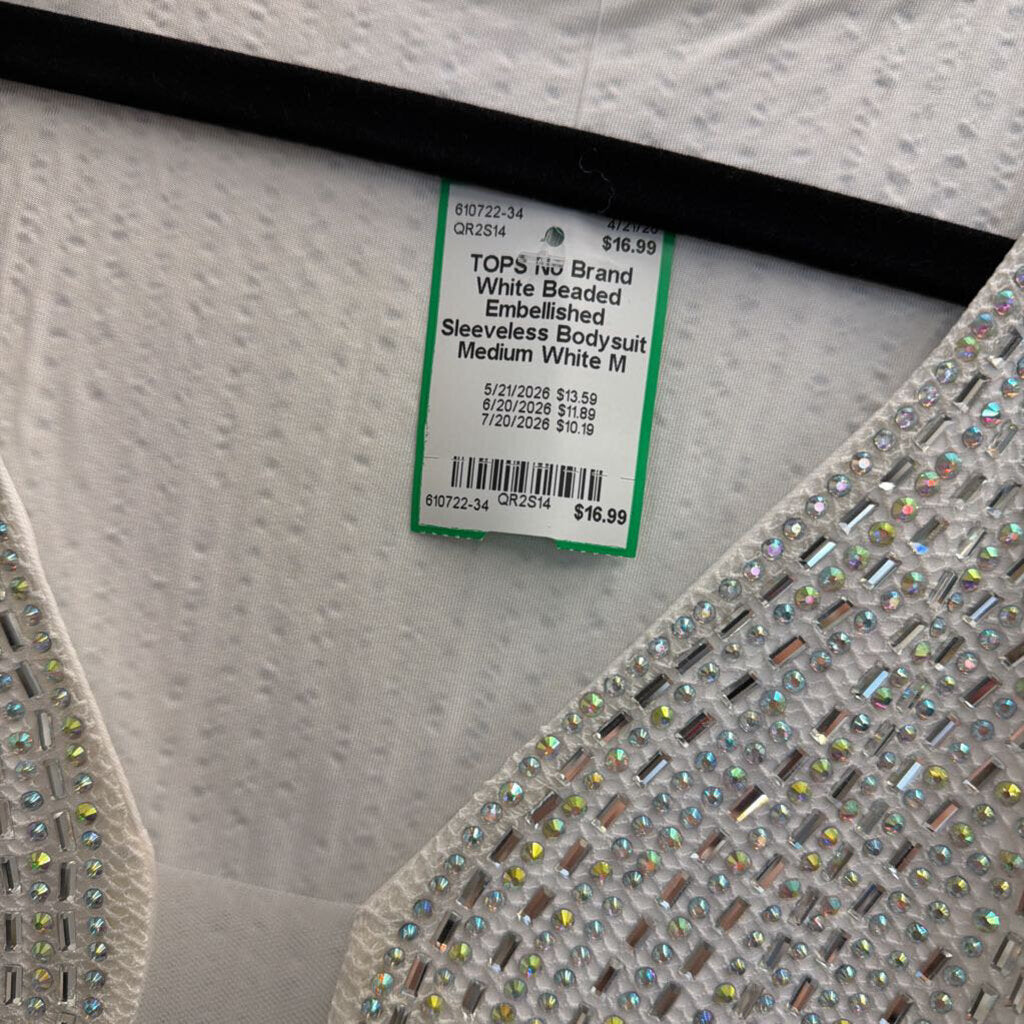 White Beaded Embellished Sleeveless Bodysuit Medium