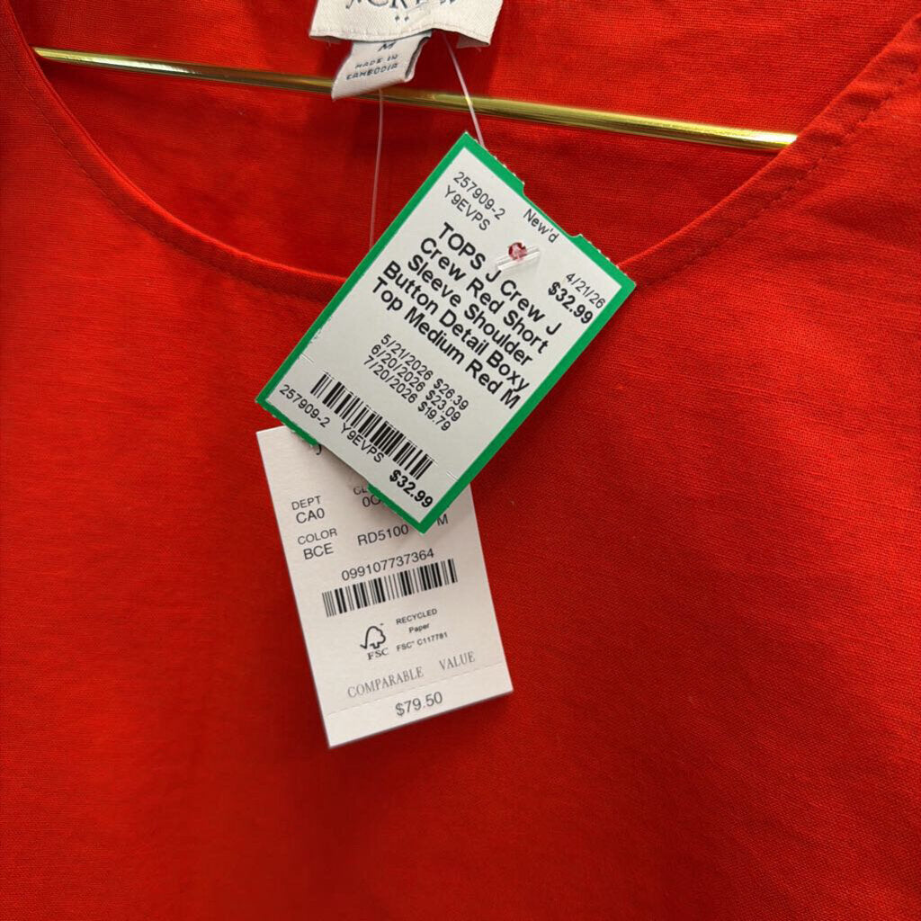 J Crew Red Short Sleeve Shoulder Button Detail Boxy Top Medium