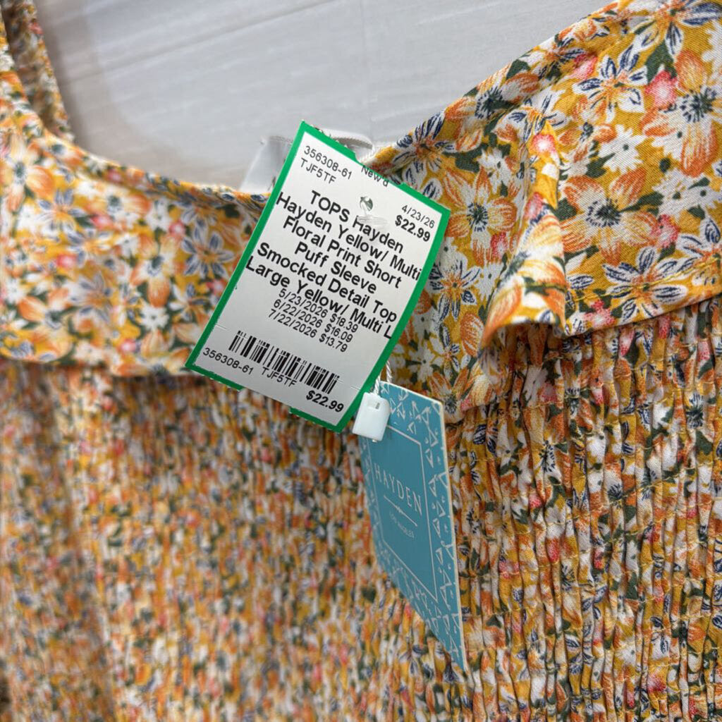 Hayden Yellow/ Multi Floral Print Short Puff Sleeve Smocked Detail Top Large