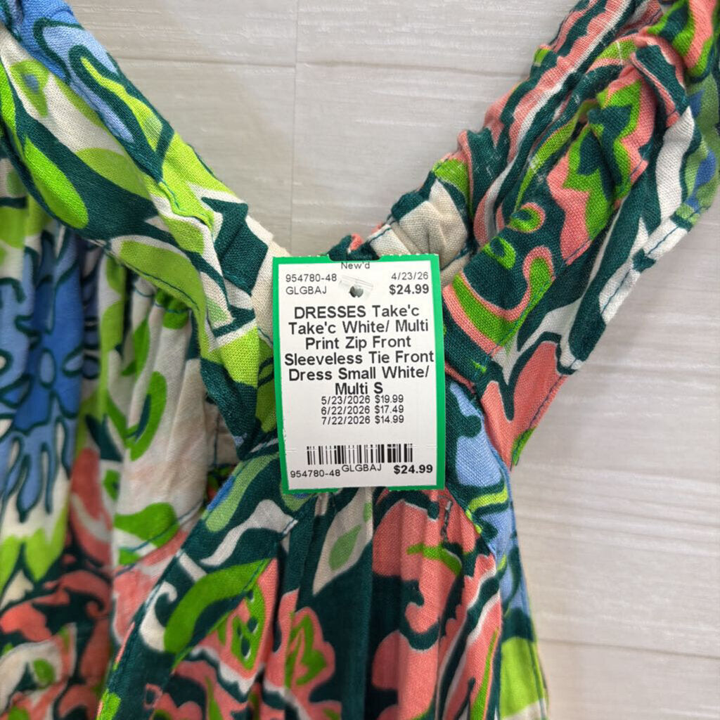 Take'c White/ Multi Print Zip Front Sleeveless Tie Front Dress Small