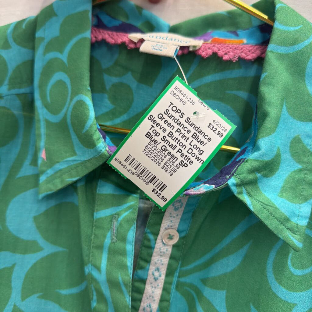 Sundance Blue/ Green Print Long Sleeve Button Down Top Small Petite