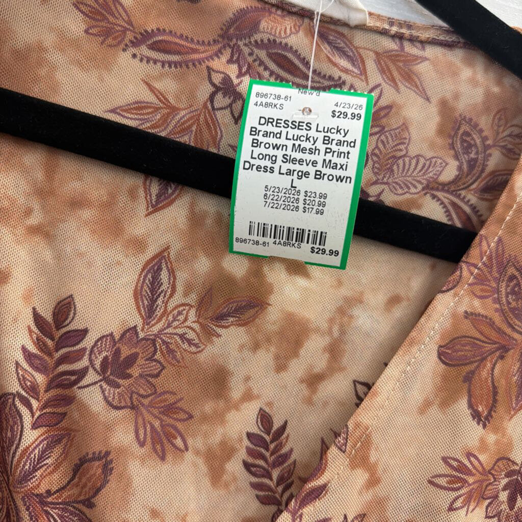 Lucky Brand Brown Mesh Print Long Sleeve Maxi Dress Large