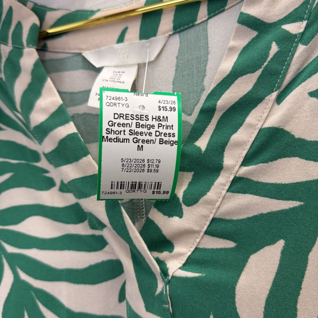 Green/ Beige Print Short Sleeve Dress Medium