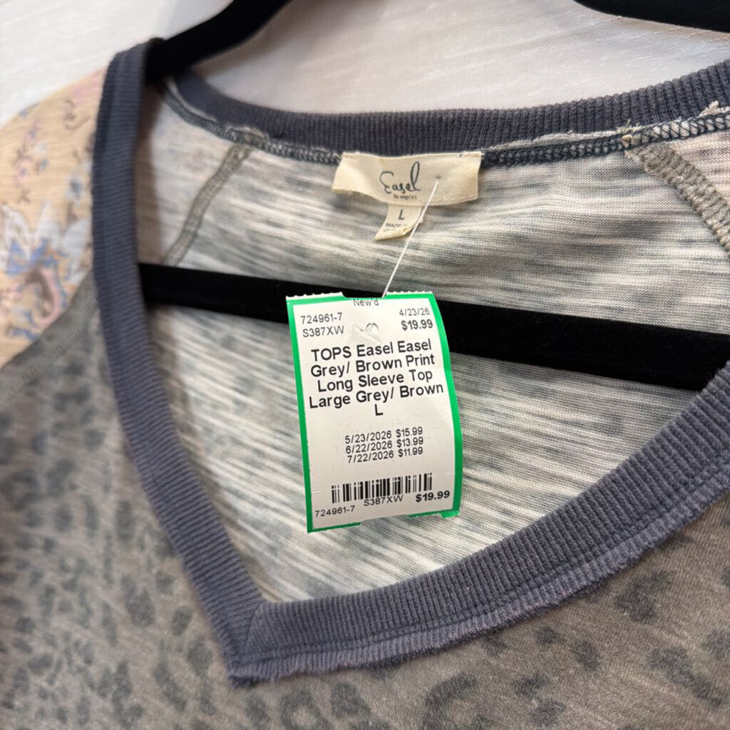 Easel Grey/ Brown Print Long Sleeve Top Large