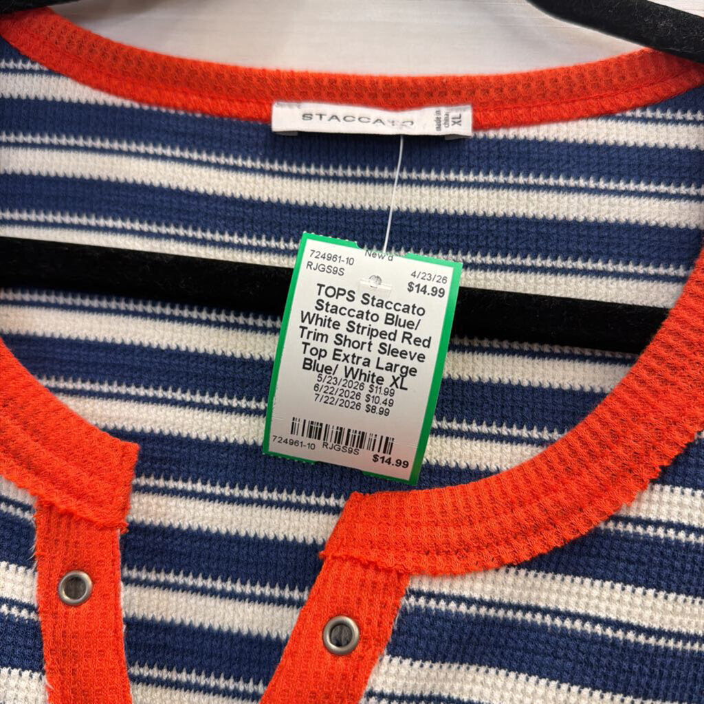 Staccato Blue/ White Striped Red Trim Short Sleeve Top Extra Large