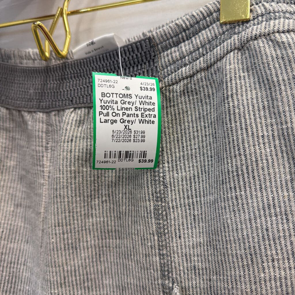 Yuvita Grey/ White 100% Linen Striped Pull On Pants Extra Large