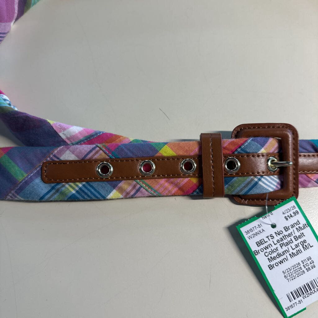 Brown Leather/ Multi Color Plaid Belt Medium/ Large