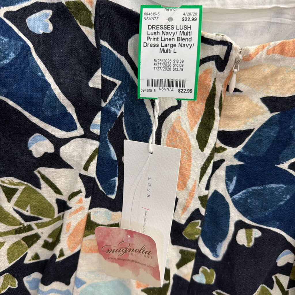 Lush Navy/ Multi Print Linen Blend Dress Large