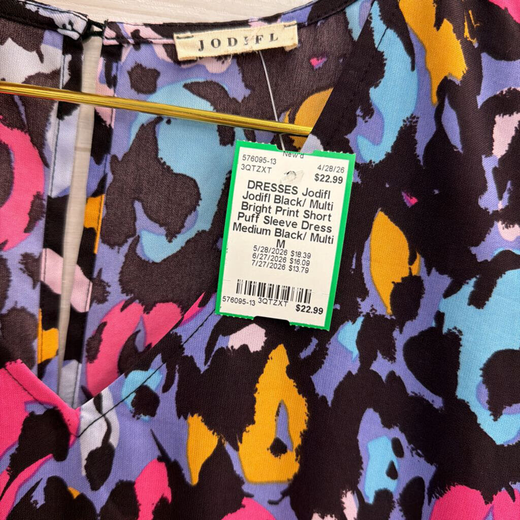 Jodifl Black/ Multi Bright Print Short Puff Sleeve Dress Medium