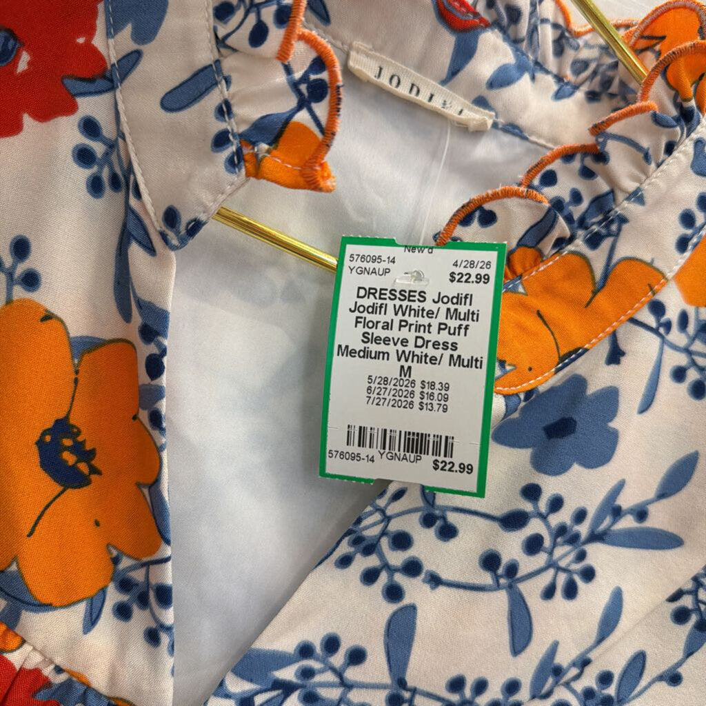 Jodifl White/ Multi Floral Print Puff Sleeve Dress Medium