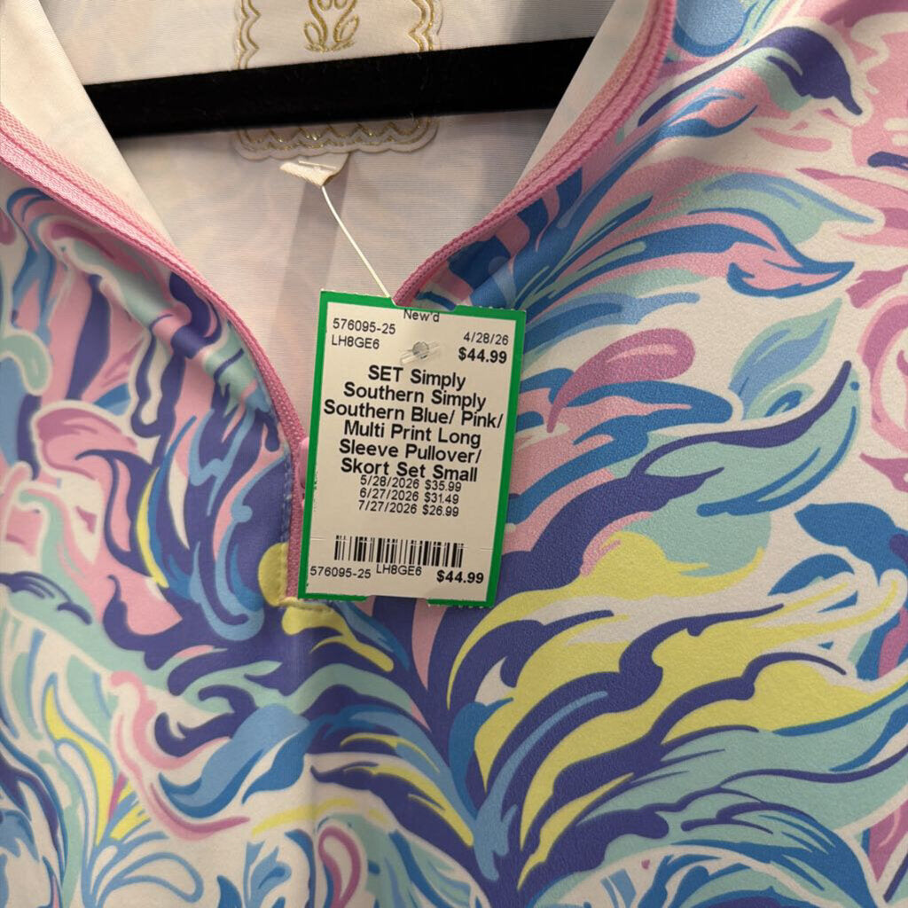 Simply Southern Blue/ Pink/ Multi Print Long Sleeve Pullover/ Skort Set Small