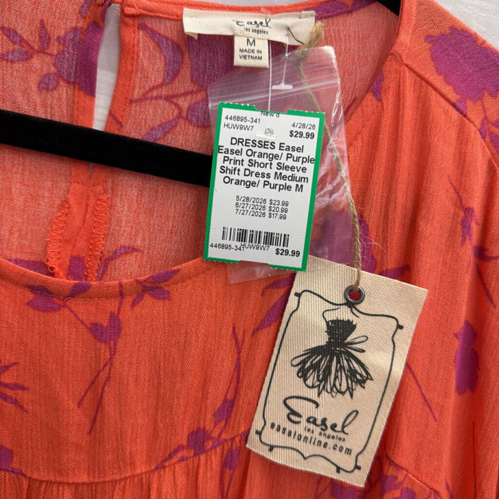 Easel Orange/ Purple Print Short Sleeve Shift Dress Medium