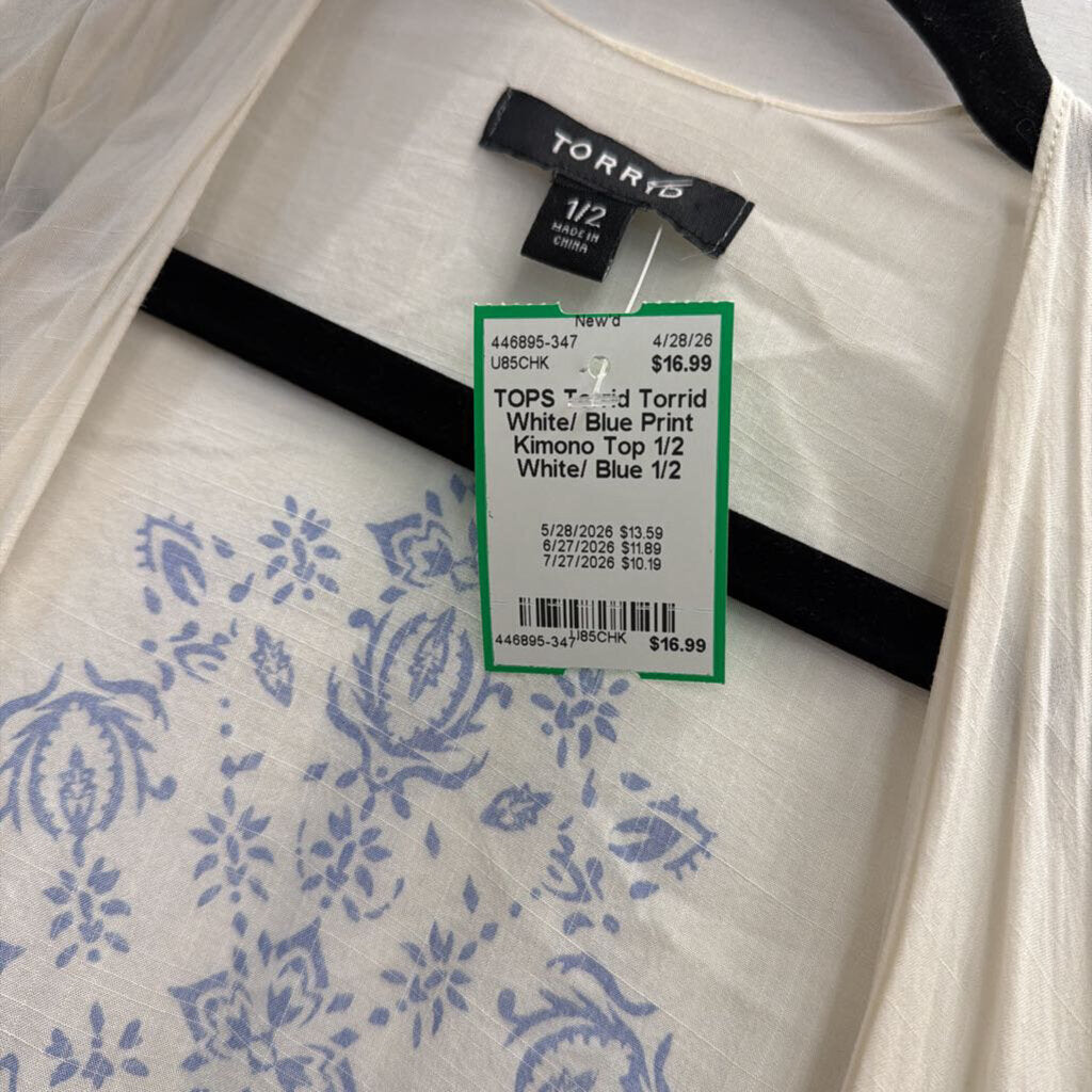 Torrid White/ Blue Print Kimono Top 1/2