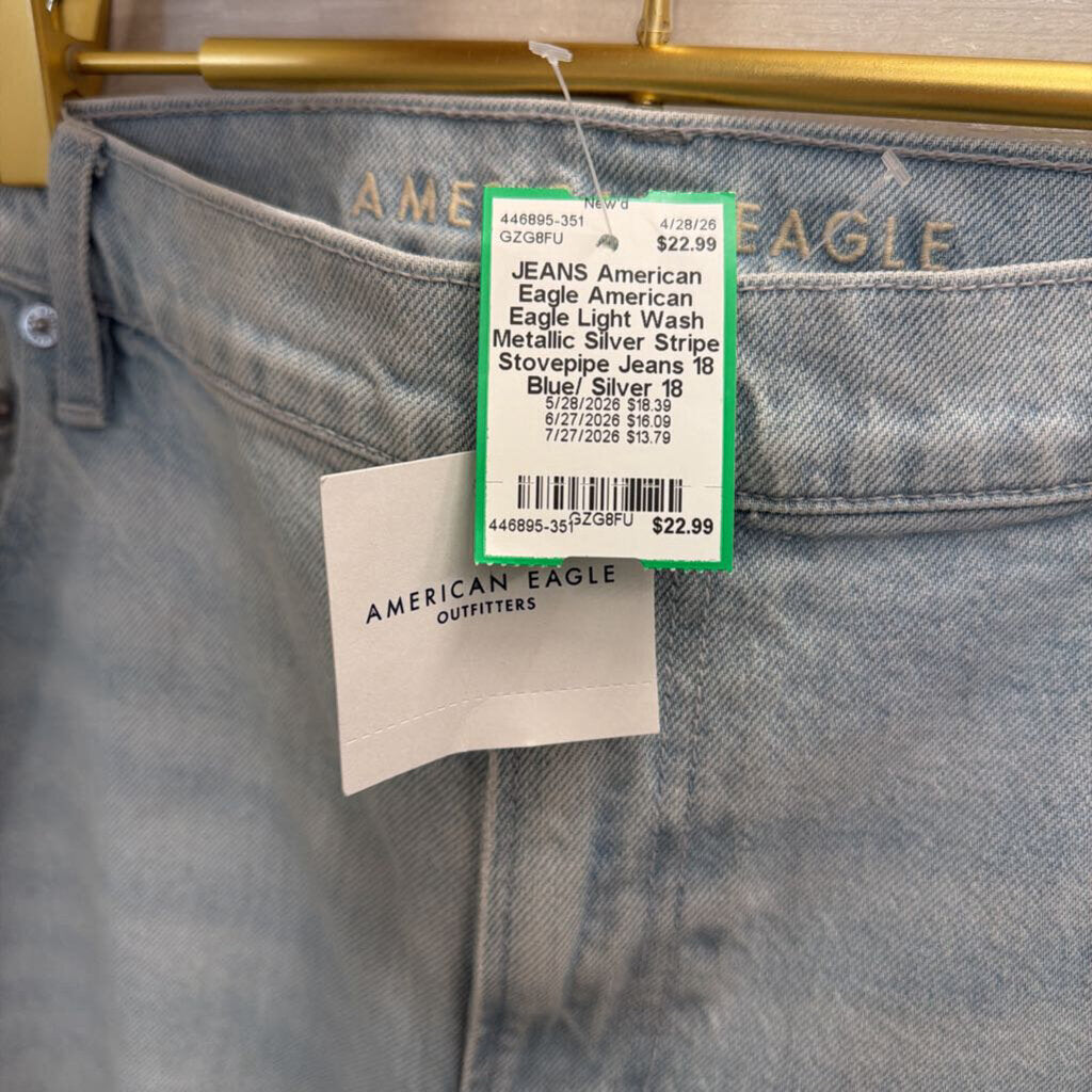 American Eagle Light Wash Metallic Silver Stripe Stovepipe Jeans 18