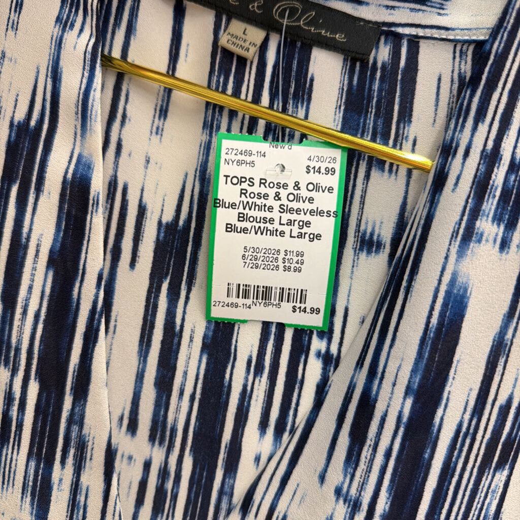 Rose & Olive Blue/White Sleeveless Blouse Large