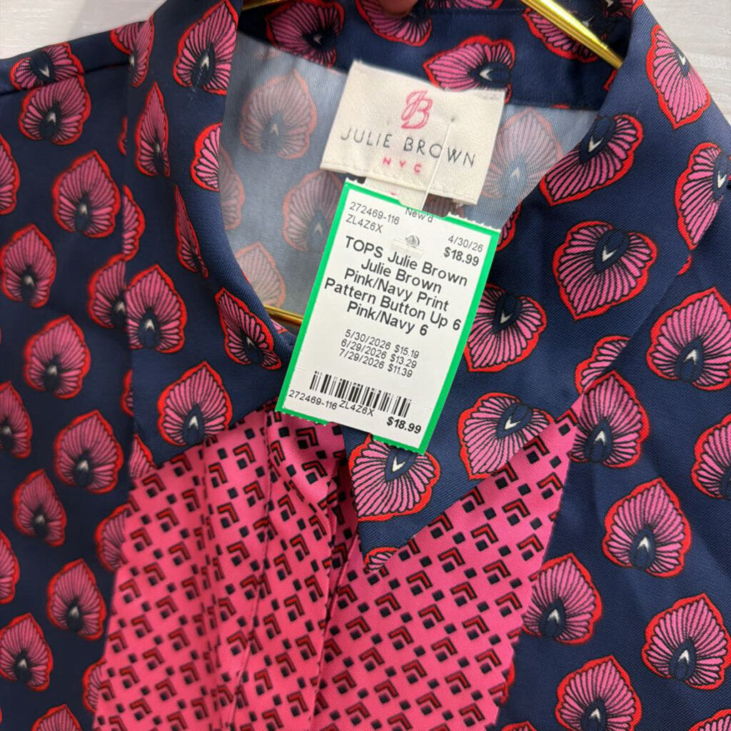 Julie Brown Pink/Navy Print Pattern Button Up 6