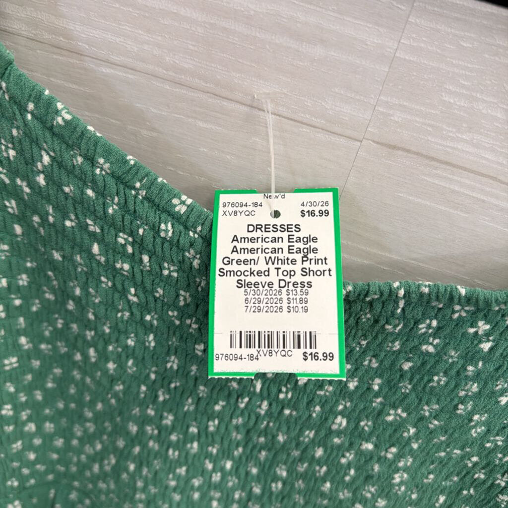 American Eagle Green/ White Print Smocked Top Short Sleeve Dress Medium