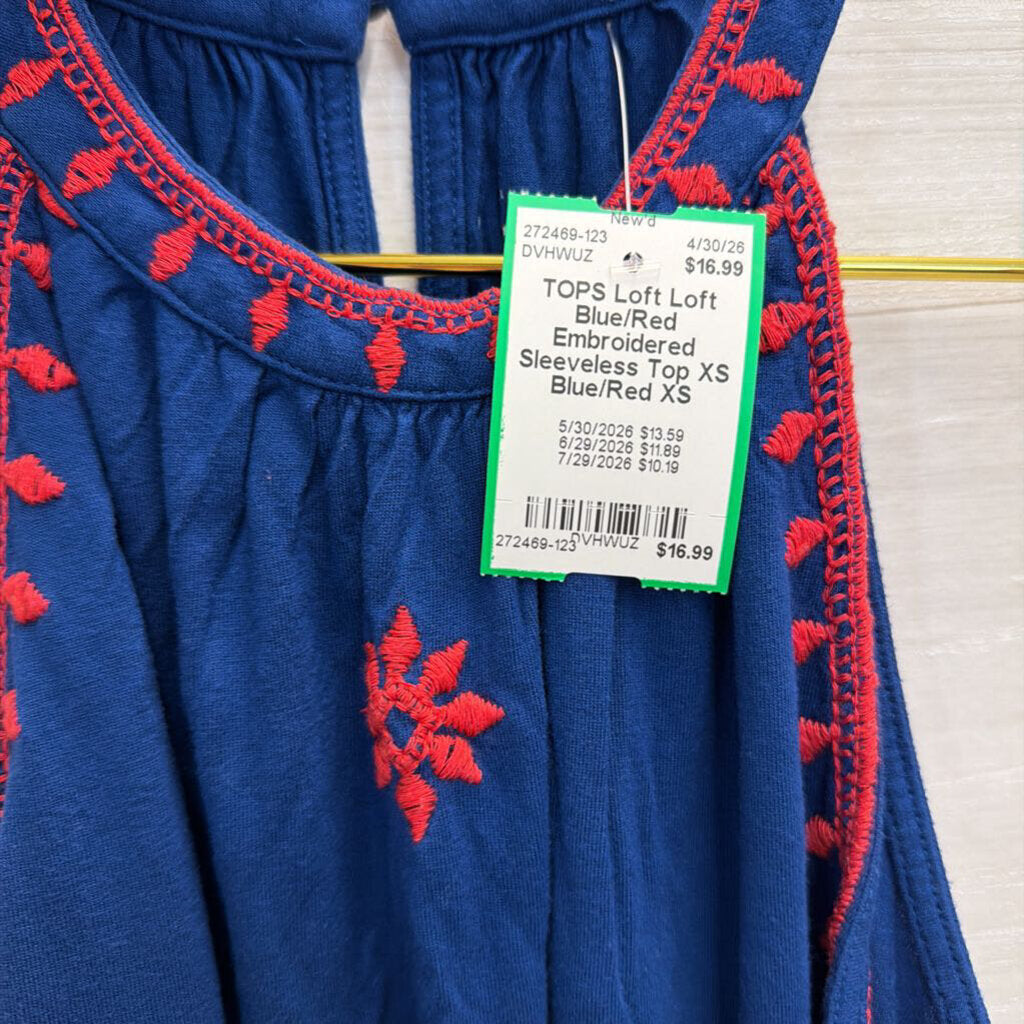 Loft Blue/Red Embroidered Sleeveless Top XS