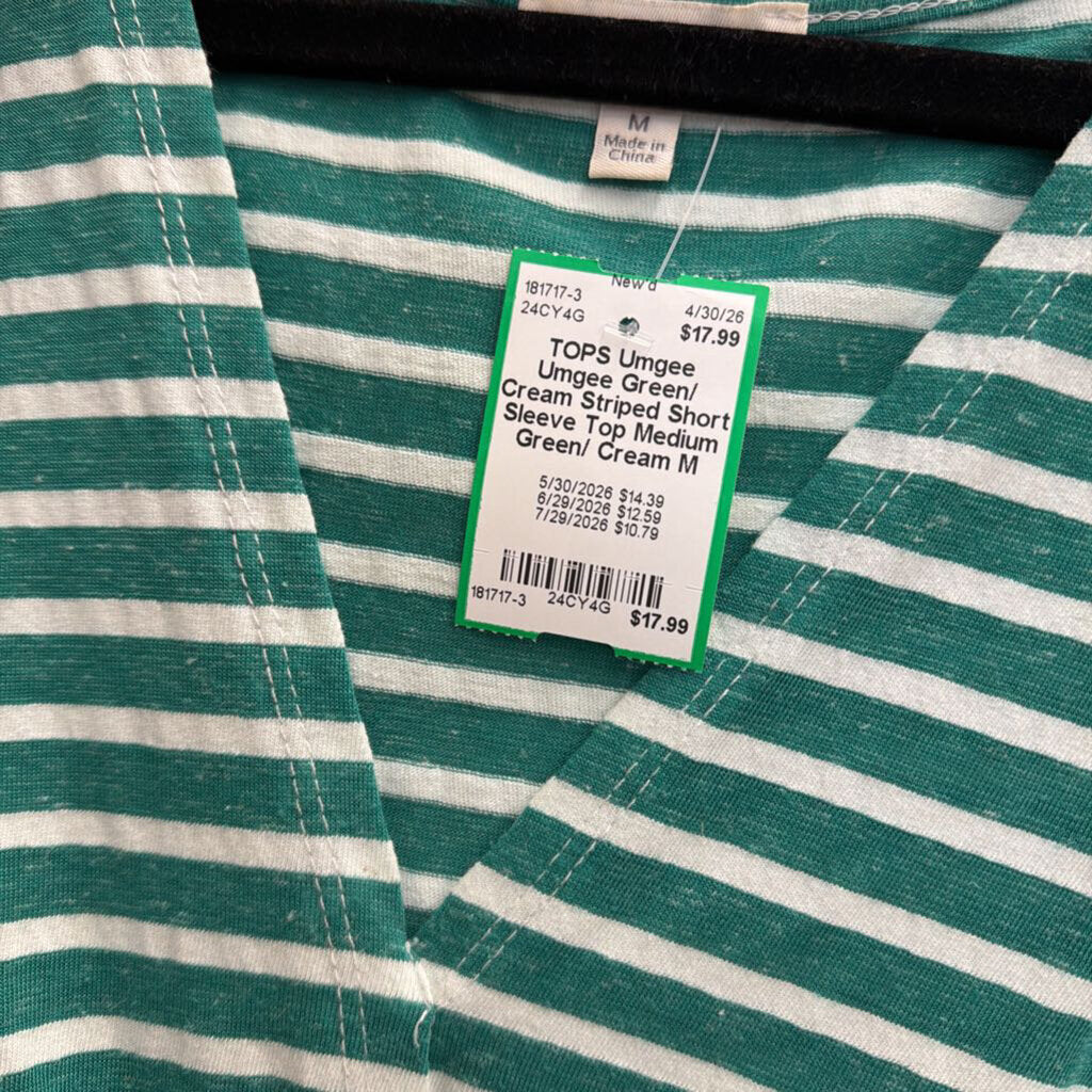 Umgee Green/ Cream Striped Short Sleeve Top Medium