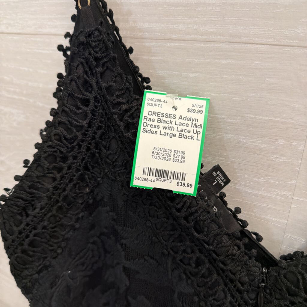 Black Lace Midi Dress with Lace Up Sides Large