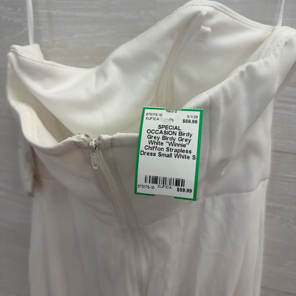 Birdy Grey White "Winnie" Chiffon Strapless Dress Small
