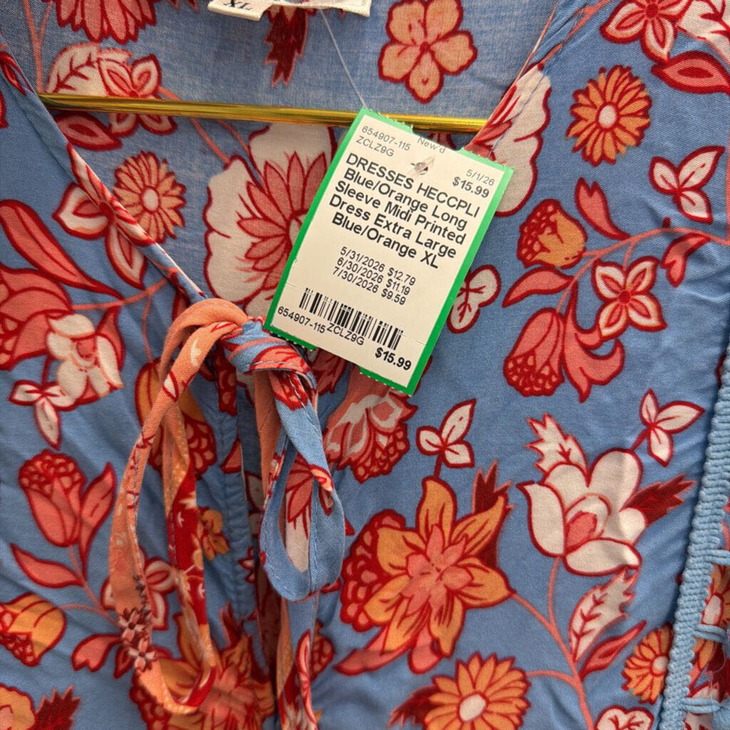 Blue/Orange Long Sleeve Midi Printed Dress Extra Large