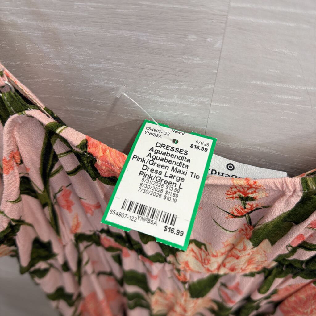 Aguabendita Pink/Green Maxi Tie Dress Large