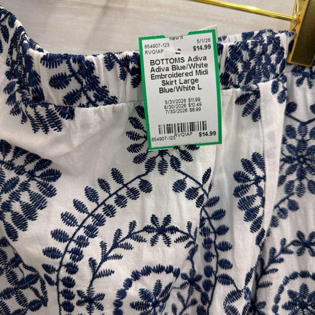 Adiva Blue/White Embroidered Midi Skirt Large