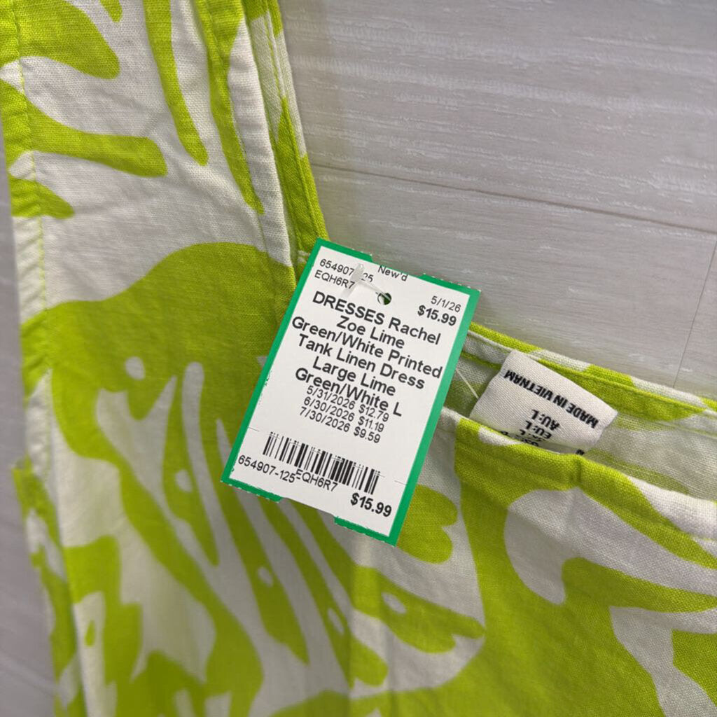Lime Green/White Printed Tank Linen Dress Large
