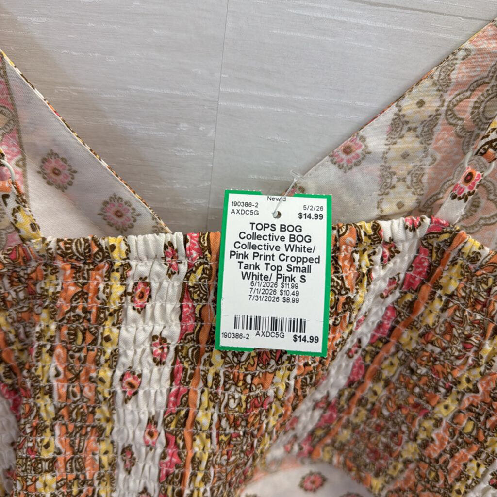 BOG Collective White/ Pink Print Cropped Tank Top Small