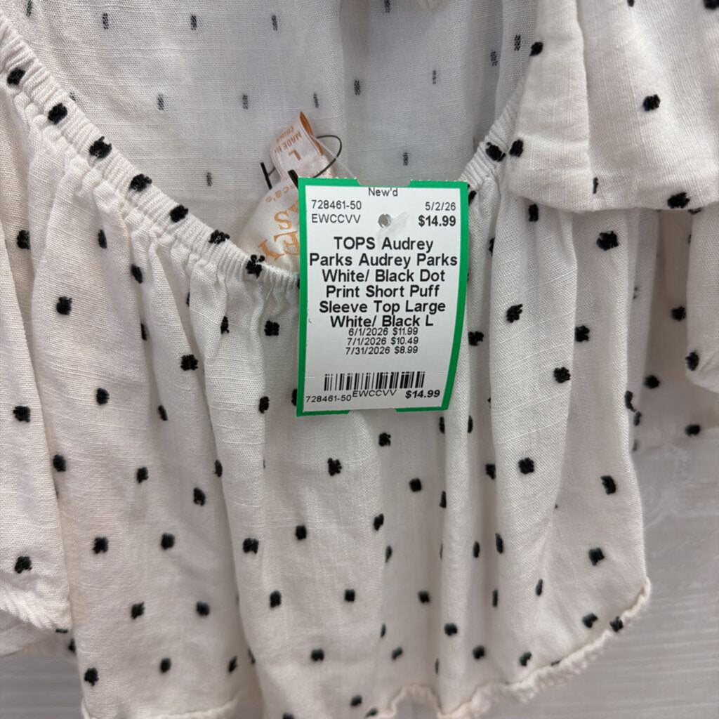 Audrey Parks White/ Black Dot Print Short Puff Sleeve Top Large