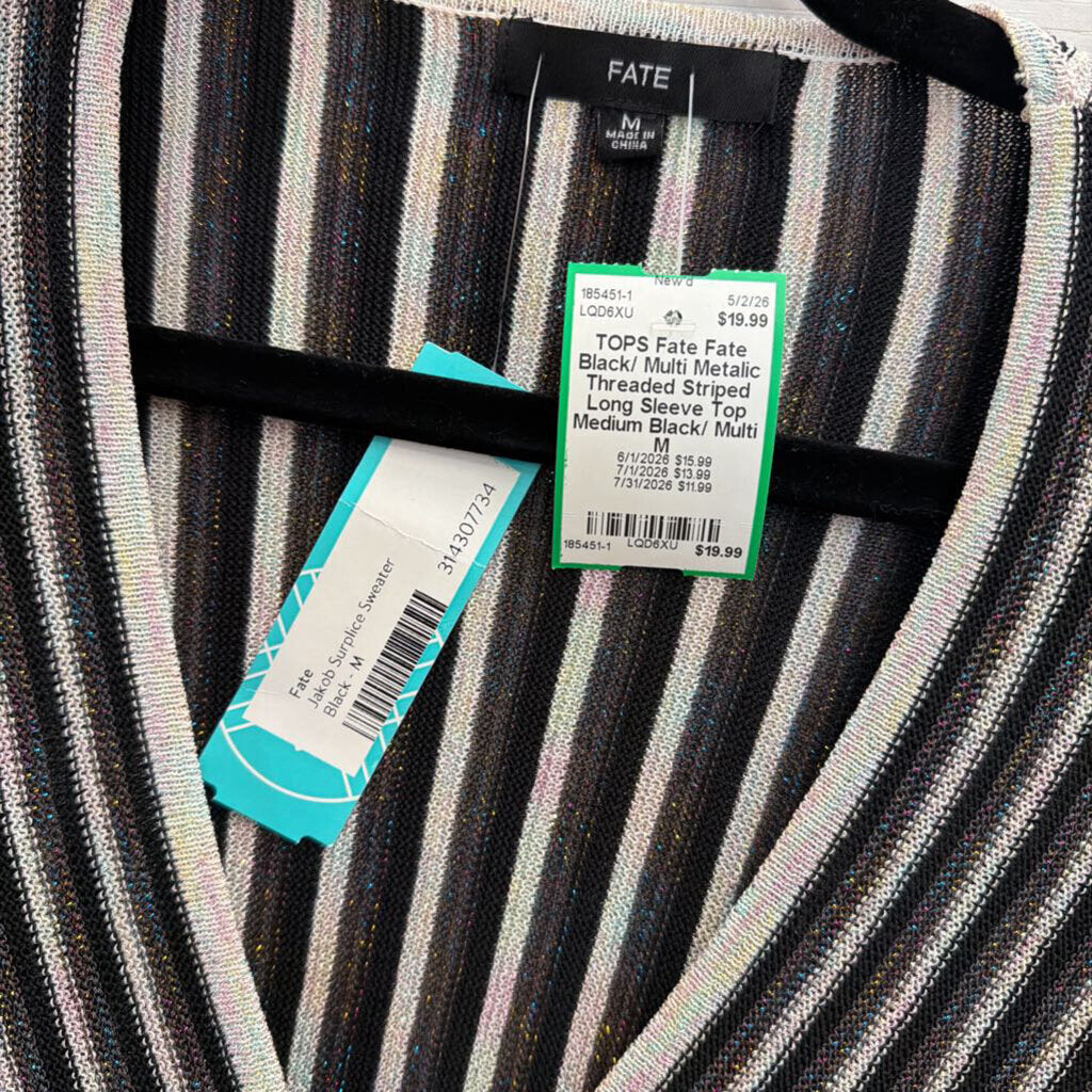 Fate Black/ Multi Metalic Threaded Striped Long Sleeve Top Medium