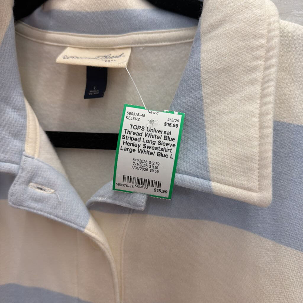 White/ Blue Striped Long Sleeve Henley Sweatshirt Large