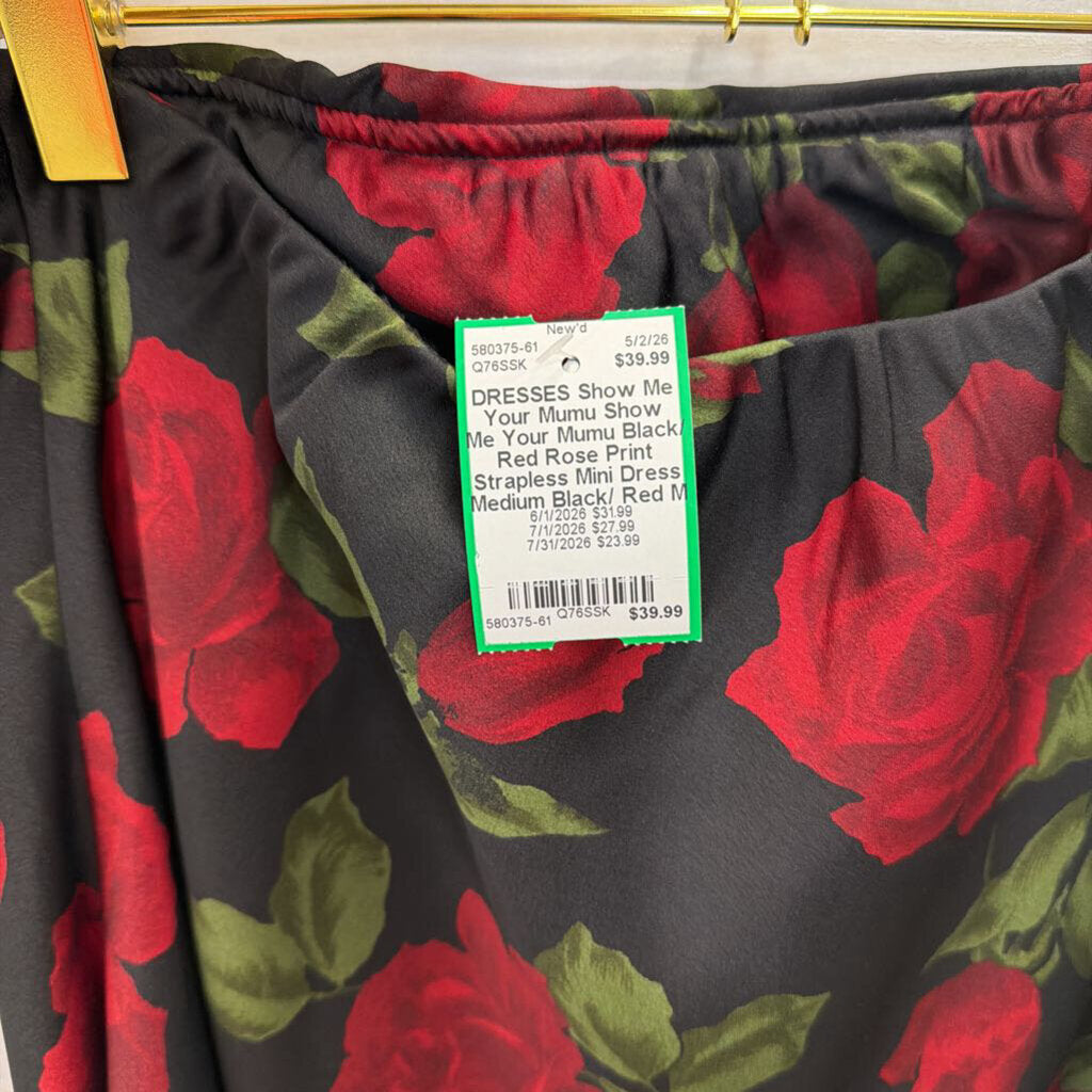 Show Me Your Mumu Black/ Red Rose Print Strapless Mini Dress Medium