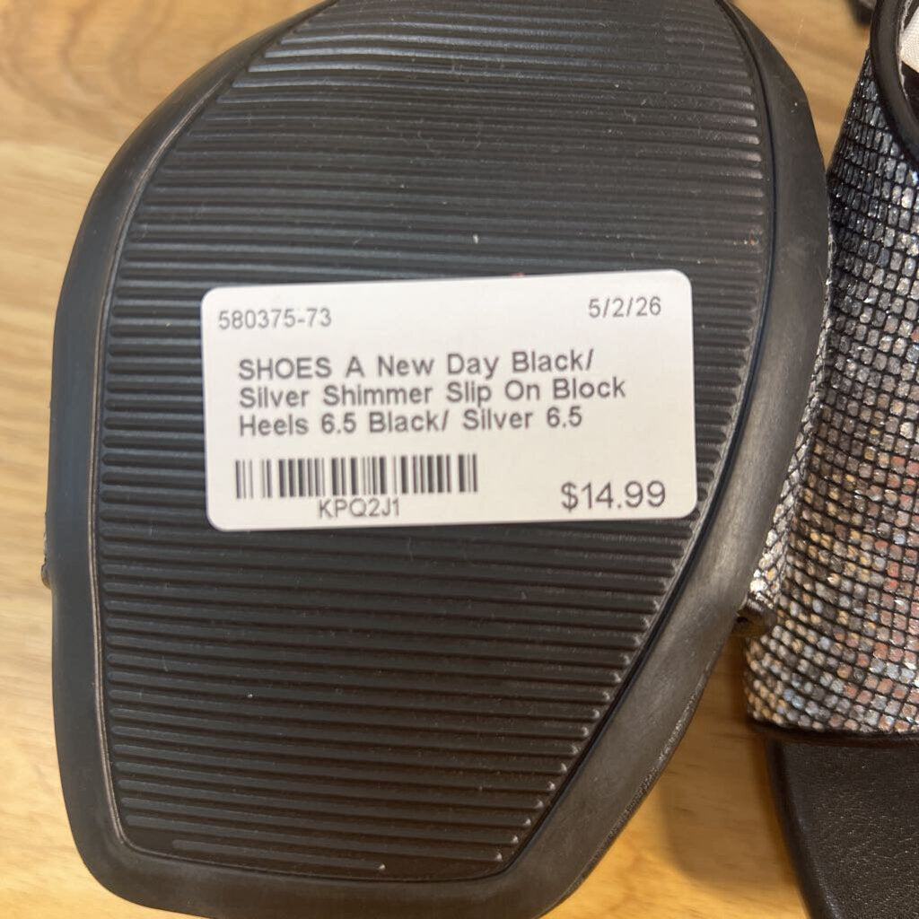 Black/ Silver Shimmer Slip On Block Heels 6.5