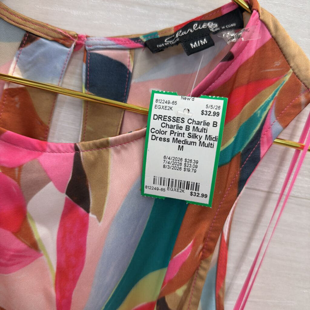 Charlie B Multi Color Print Silky Midi Dress Medium