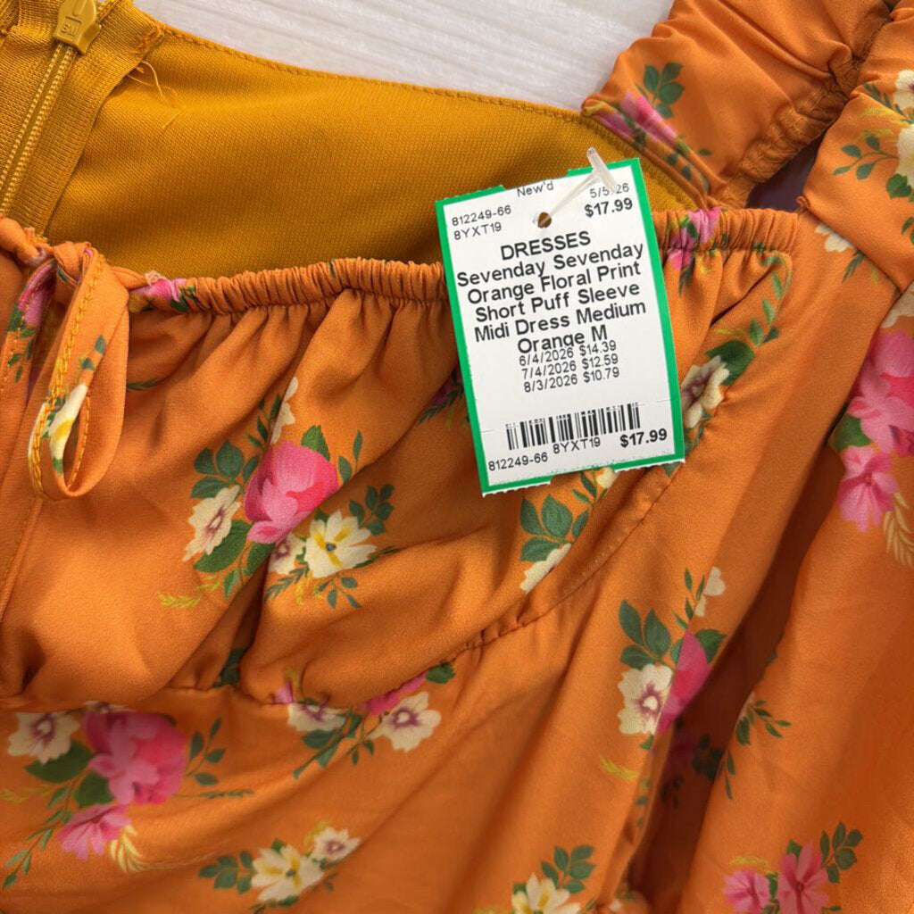 Sevenday Orange Floral Print Short Puff Sleeve Midi Dress Medium