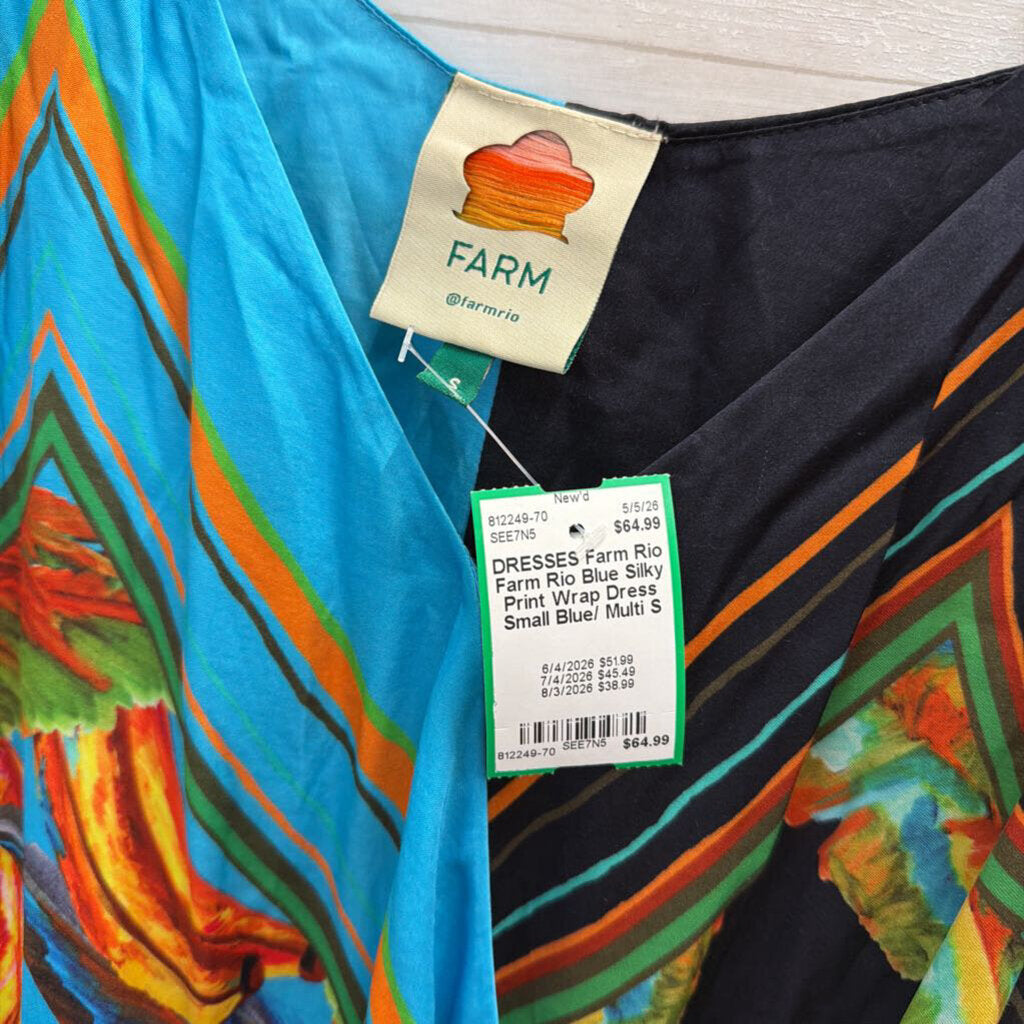 Farm Rio Blue Silky Print Wrap Dress Small
