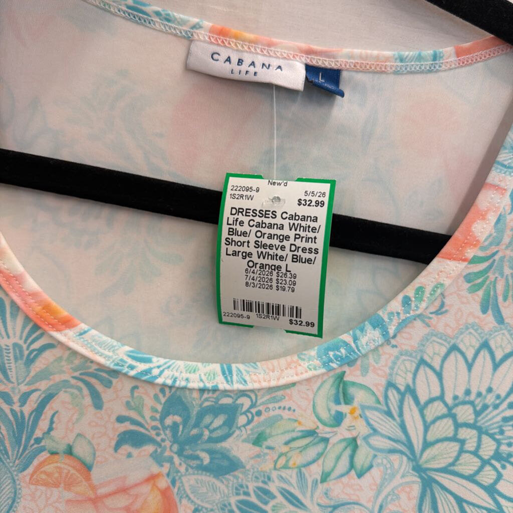 Cabana White/ Blue/ Orange Print Short Sleeve Dress Large