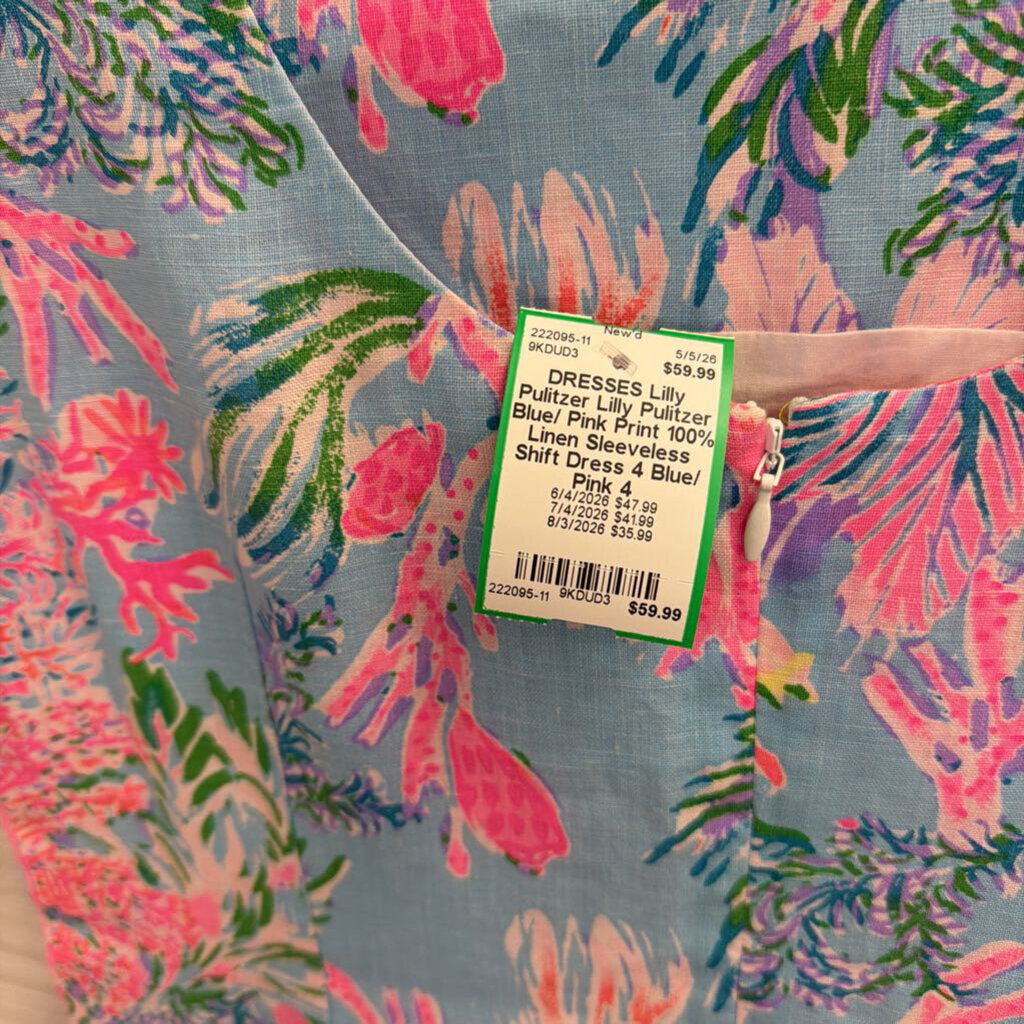 Lilly Pulitzer Blue/ Pink Print 100% Linen Sleeveless Shift Dress 4