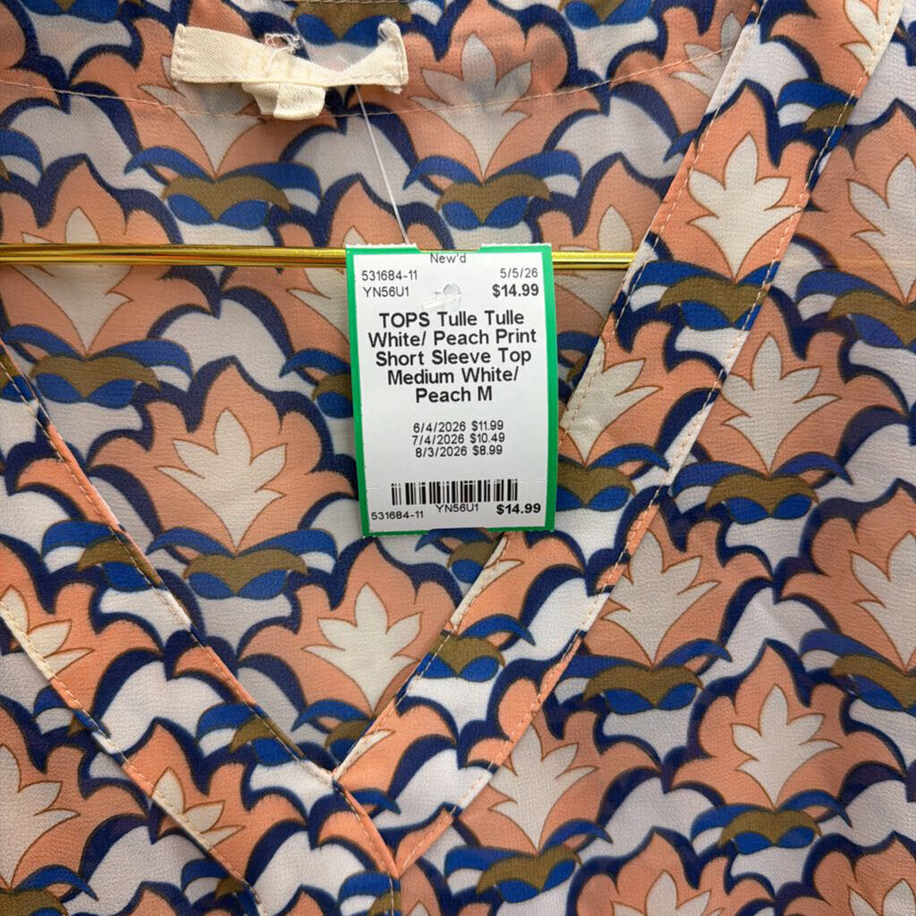 Tulle White/ Peach Print Short Sleeve Top Medium