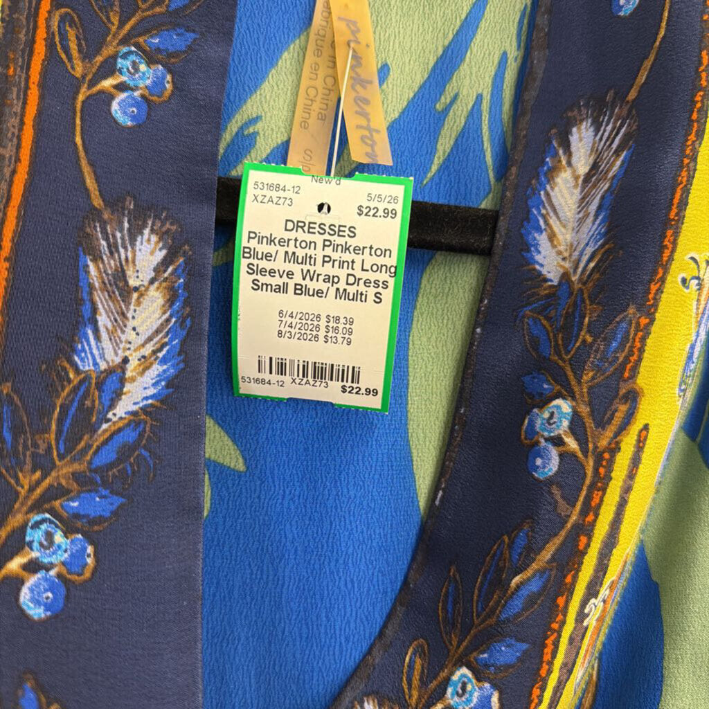 Pinkerton Blue/ Multi Print Long Sleeve Wrap Dress Small