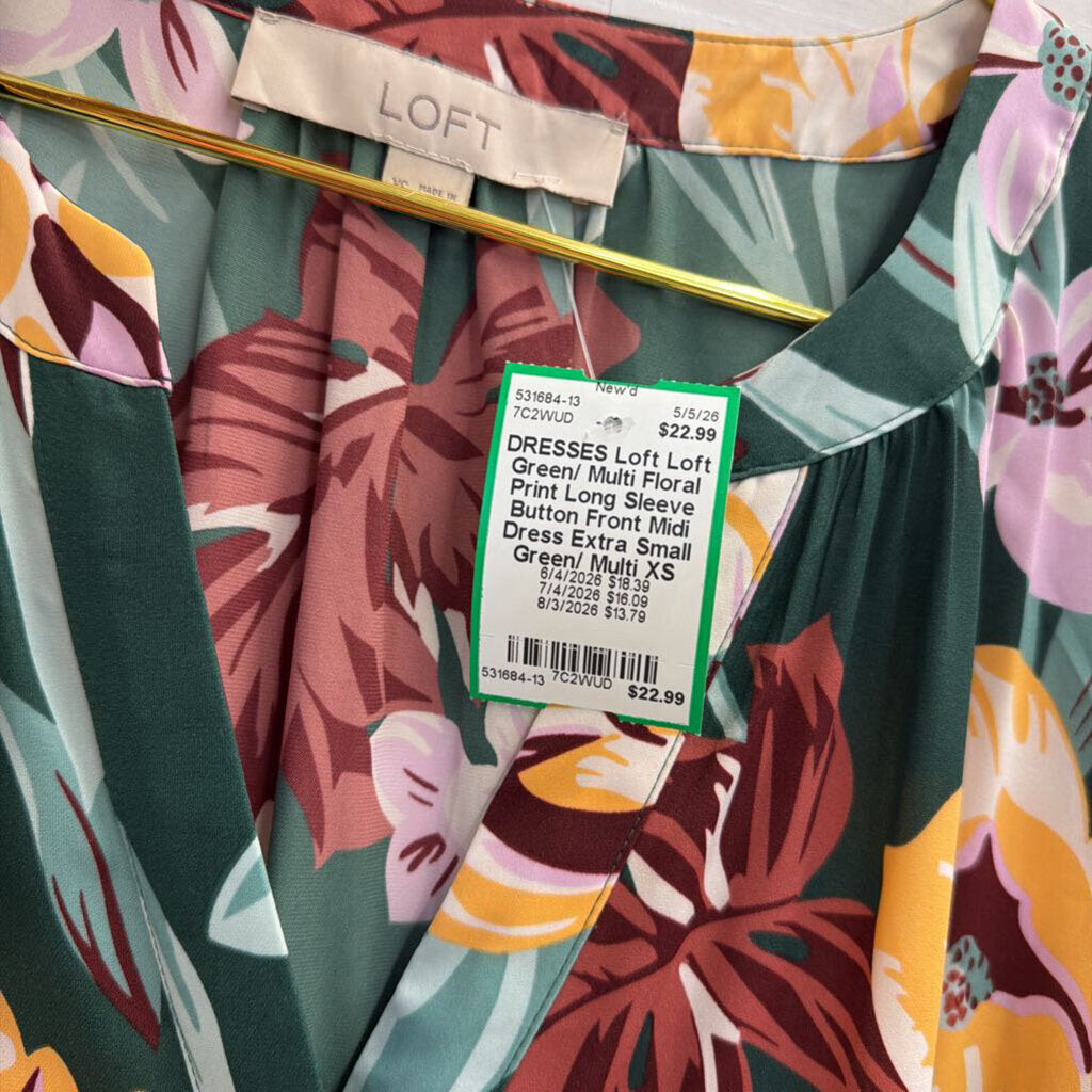 Loft Green/ Multi Floral Print Long Sleeve Button Front Midi Dress Extra Small