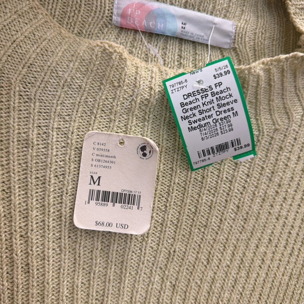 FP Beach Green Knit Mock Neck Short Sleeve Sweater Dress Medium