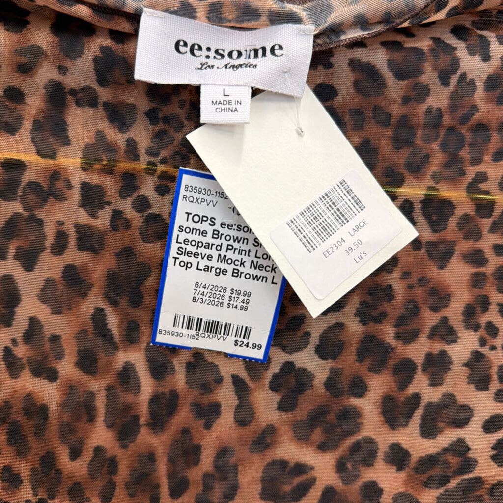 ee some Brown Sheer Leopard Print Long Sleeve Mock Neck Top Large