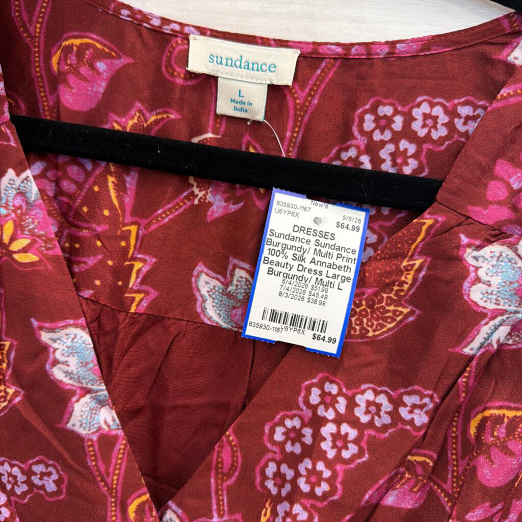 Sundance Burgundy/ Multi Print 100% Silk Annabeth Beauty Dress Large