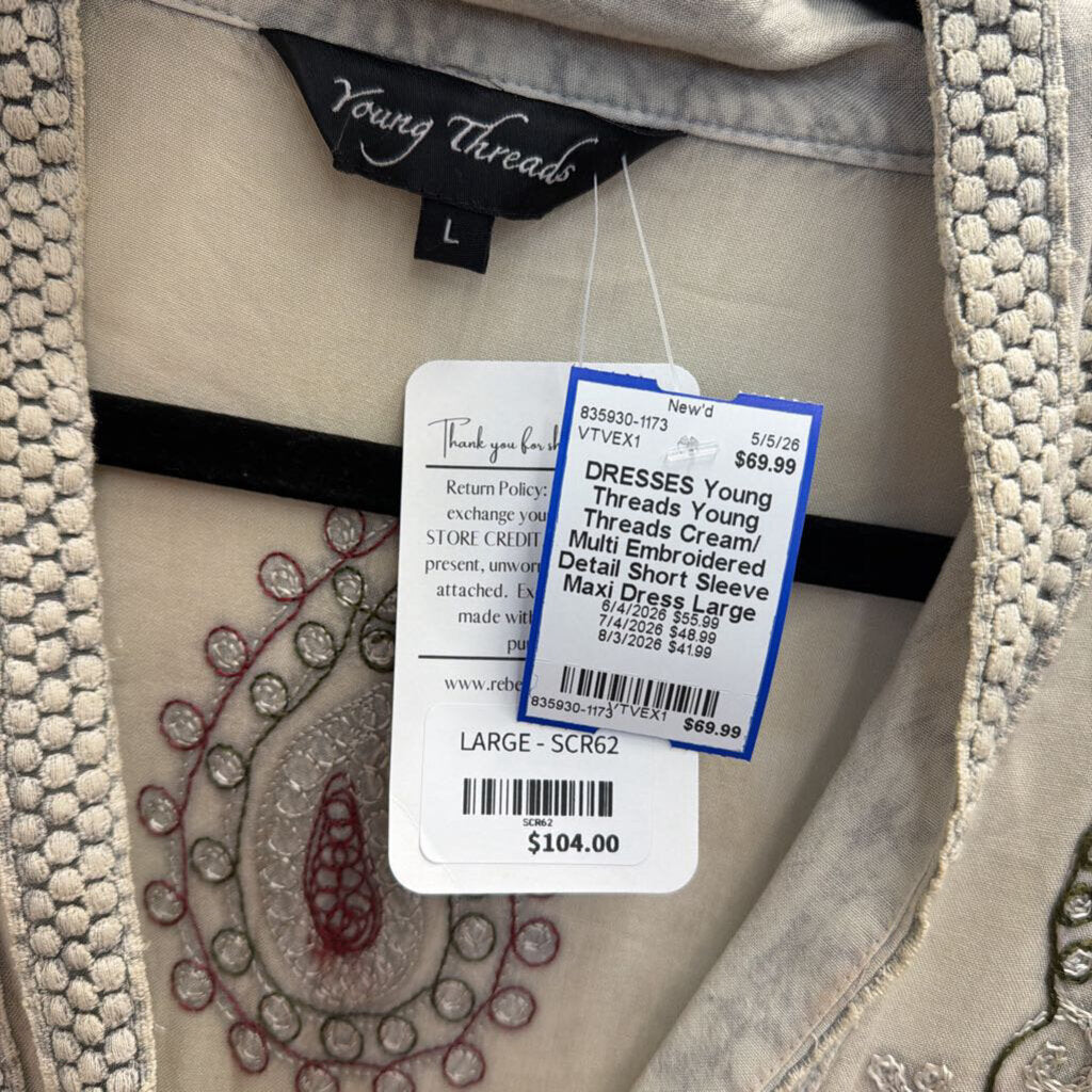 Young Threads Cream/ Multi Embroidered Detail Short Sleeve Maxi Dress Large
