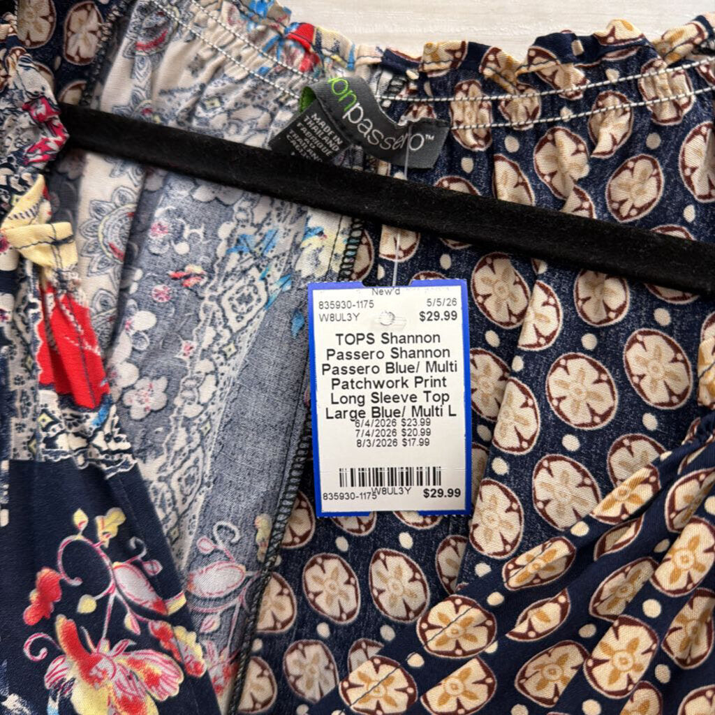 Shannon Passero Blue/ Multi Patchwork Print Long Sleeve Top Large