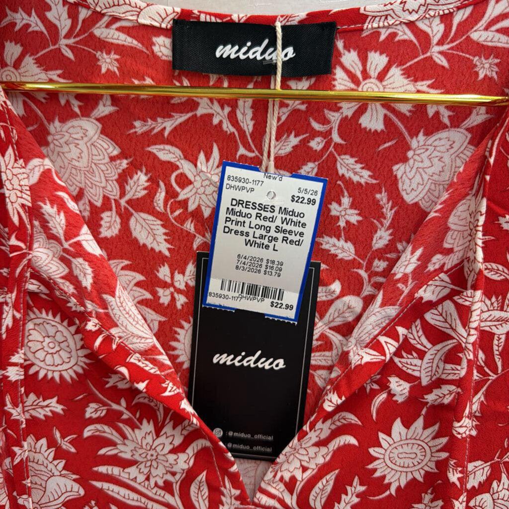 Miduo Red/ White Print Long Sleeve Dress Large